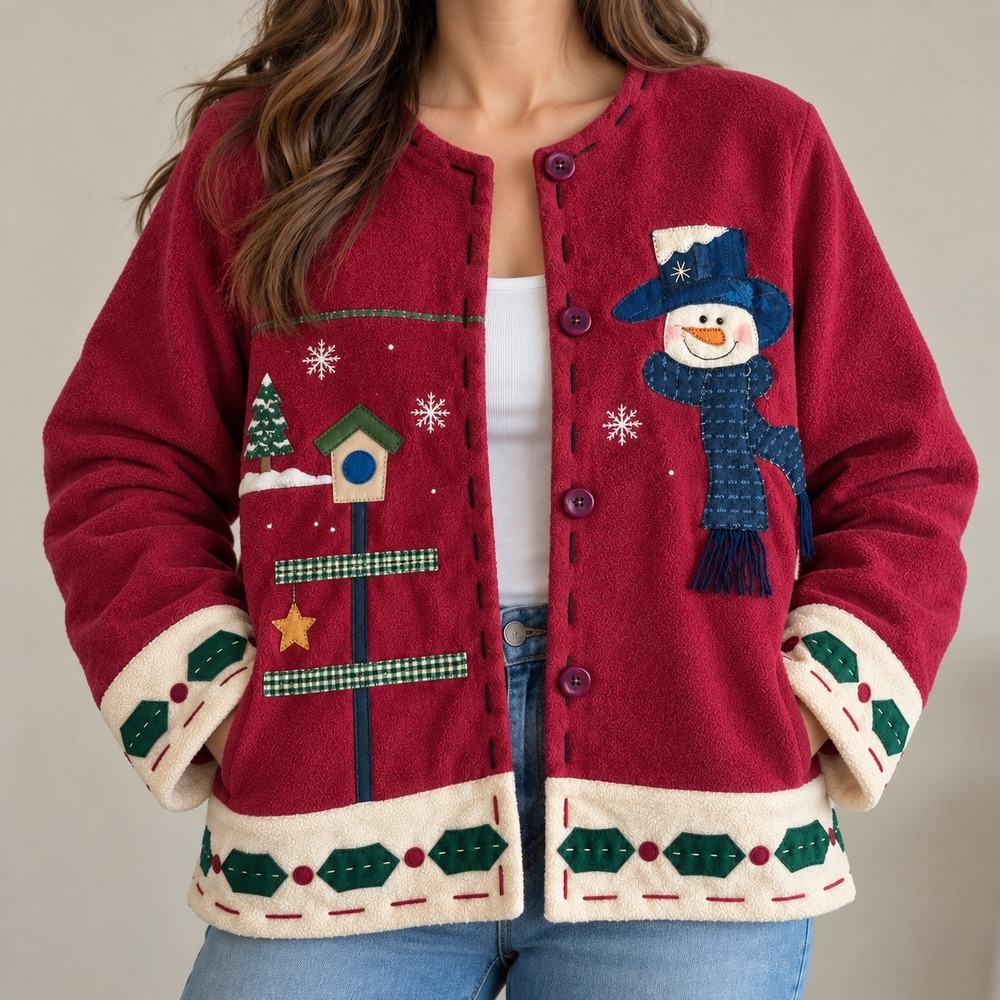 Snowman Fleece Jacket Red Patchwork Holiday Large Vintage Christmas Grandmacore